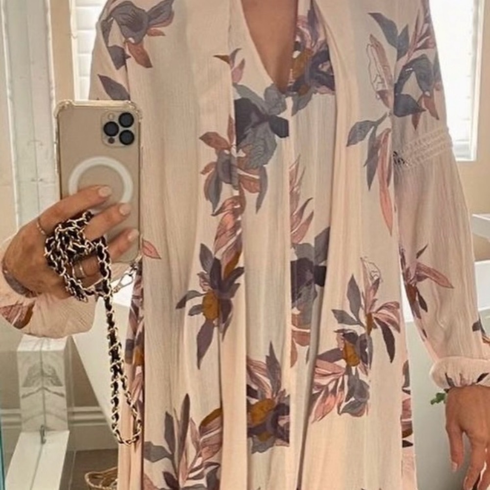Free People Pink V-Neck Sundress with Bishop Sleeves